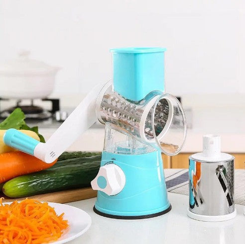 Multi-function vegetable cutter, hand drum rotary grater