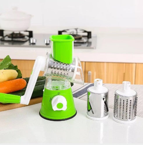 Multi-function vegetable cutter, hand drum rotary grater