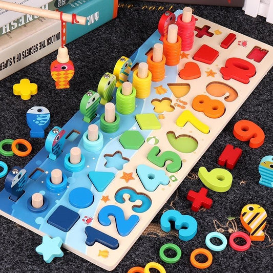 Wooden colorful matching blocks with fishing, rings, shapes, numbers and math -STEAM-